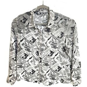 Rabbit Rose Shirt Womens XL White Black Newspaper Print Button Up Long Sleeve‎